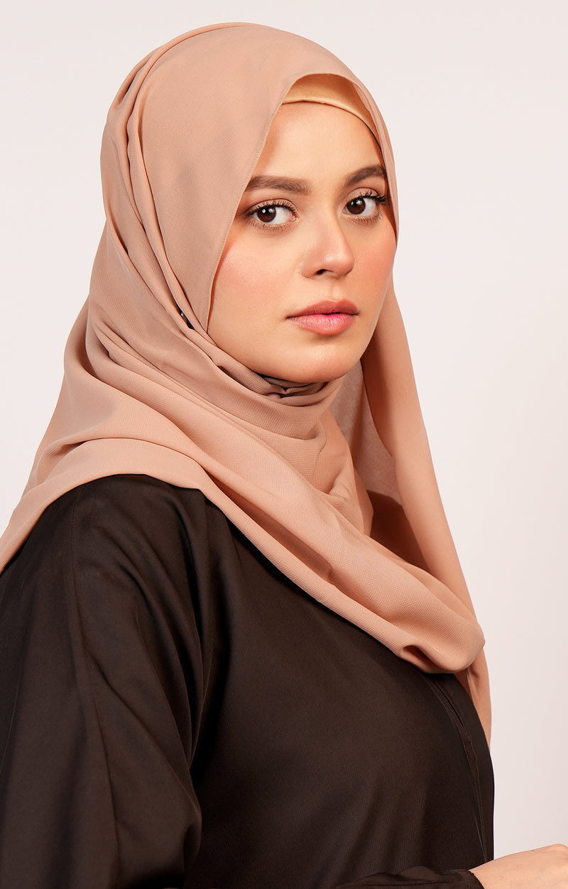 Front styled look of Moss Chiffon Hijab – elegant earthy tone hijab for everyday and festive wear