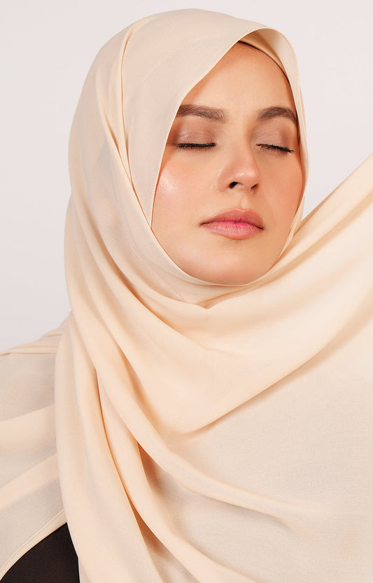 Front draped look of Najwa Chiffon Hijab showing lightweight flow and soft breathable texture