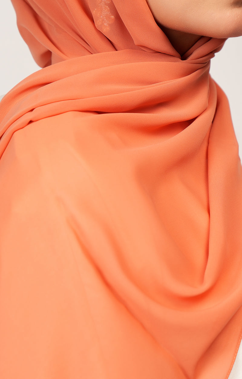 Front styled look of Orchid Chiffon Hijab – soft pastel hijab with graceful drape and elegant modest appeal