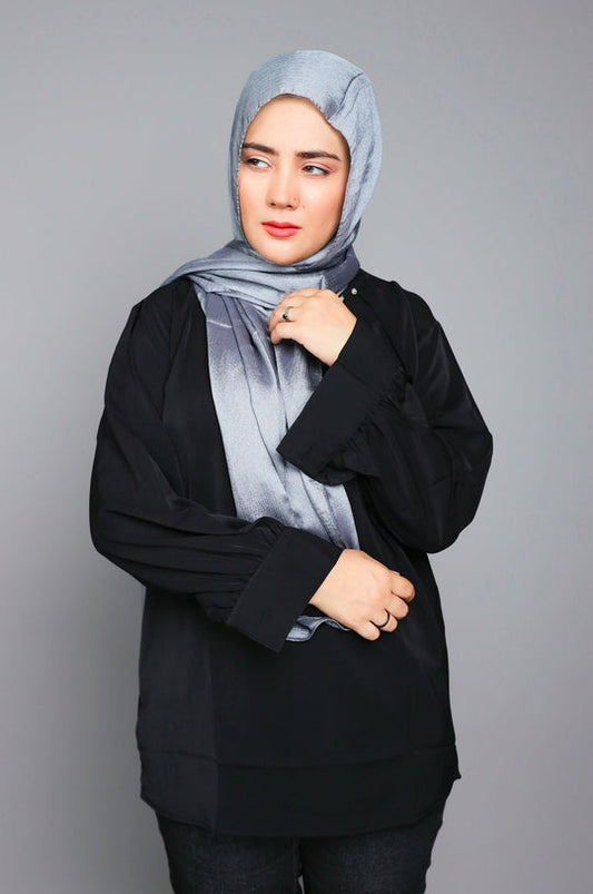 Close-up front view of Silver Metallic Chiffon Hijab – soft metallic texture and subtle shine