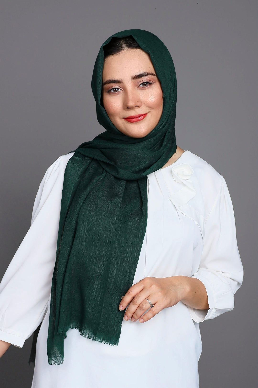 Close-up of Turkish Style Cotton Viscose Hijab in Bottle Green showing soft cotton-viscose blend and rich texture