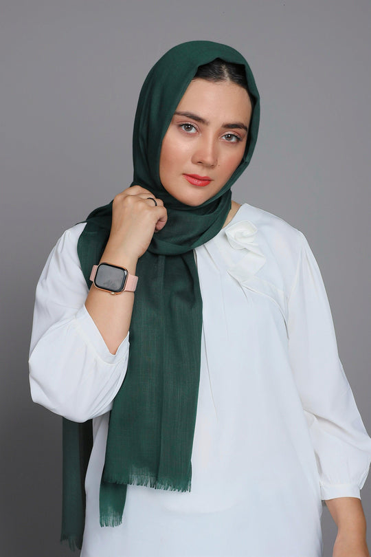 Front full view of Turkish Style Cotton Viscose Hijab in Bottle Green – elegant modest hijab for women