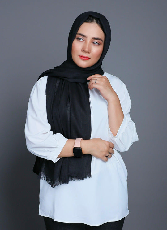 Close-up of Turkish Viscose Hijab in Black showing smooth viscose texture and premium softness