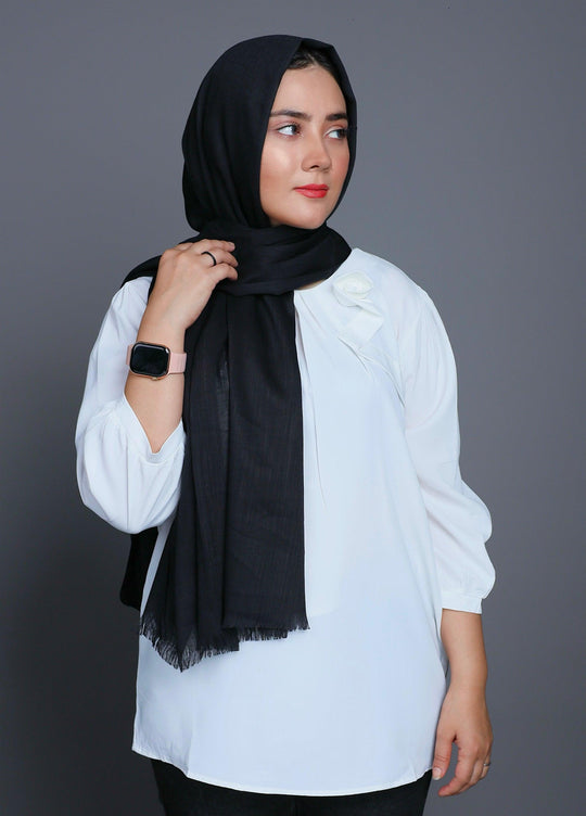Front draped look of Turkish Viscose Hijab in Black – elegant modest hijab for women 2025