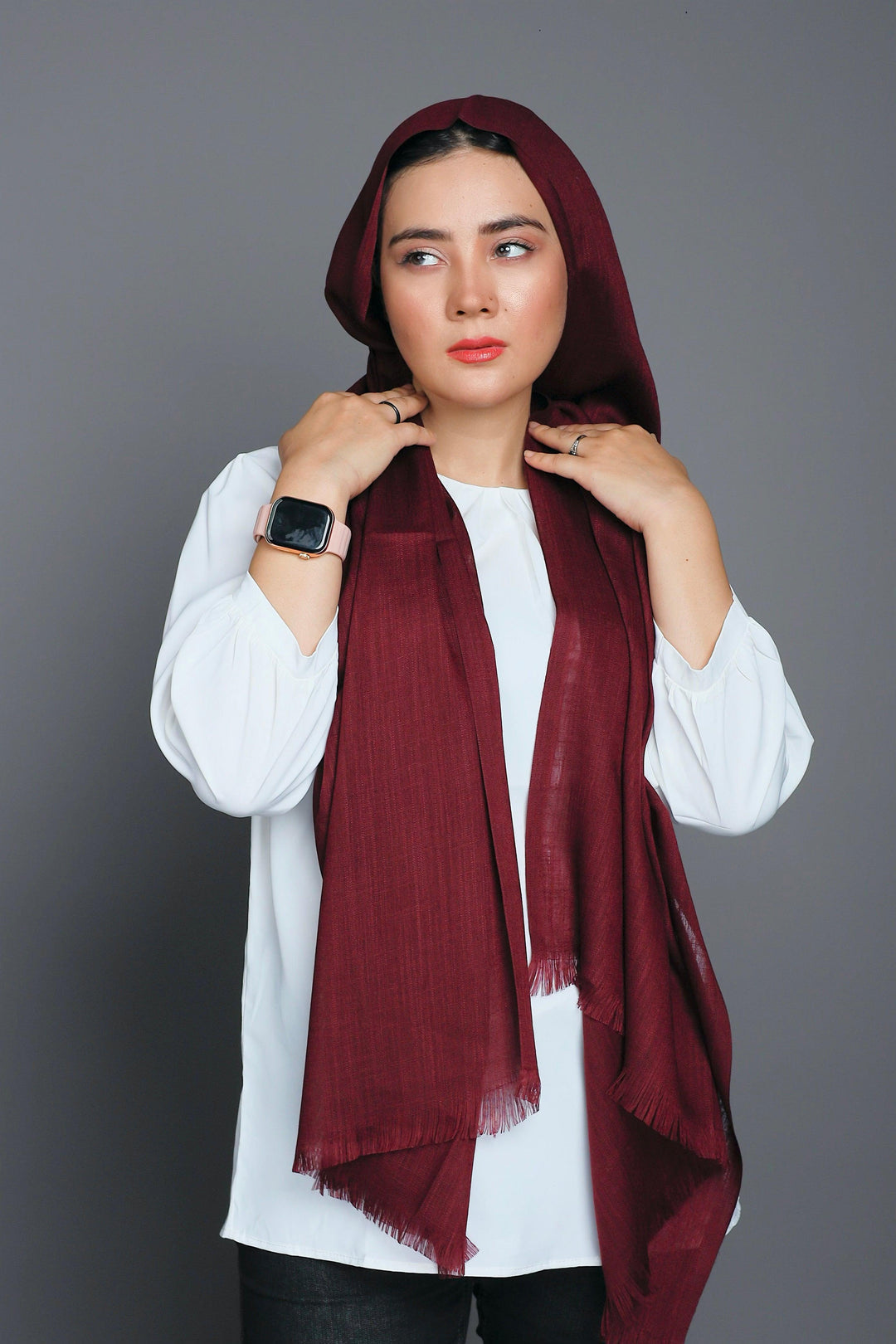 Front draped look of Turkish Viscose Hijab in Burgundy – luxury modest hijab style for women 2025