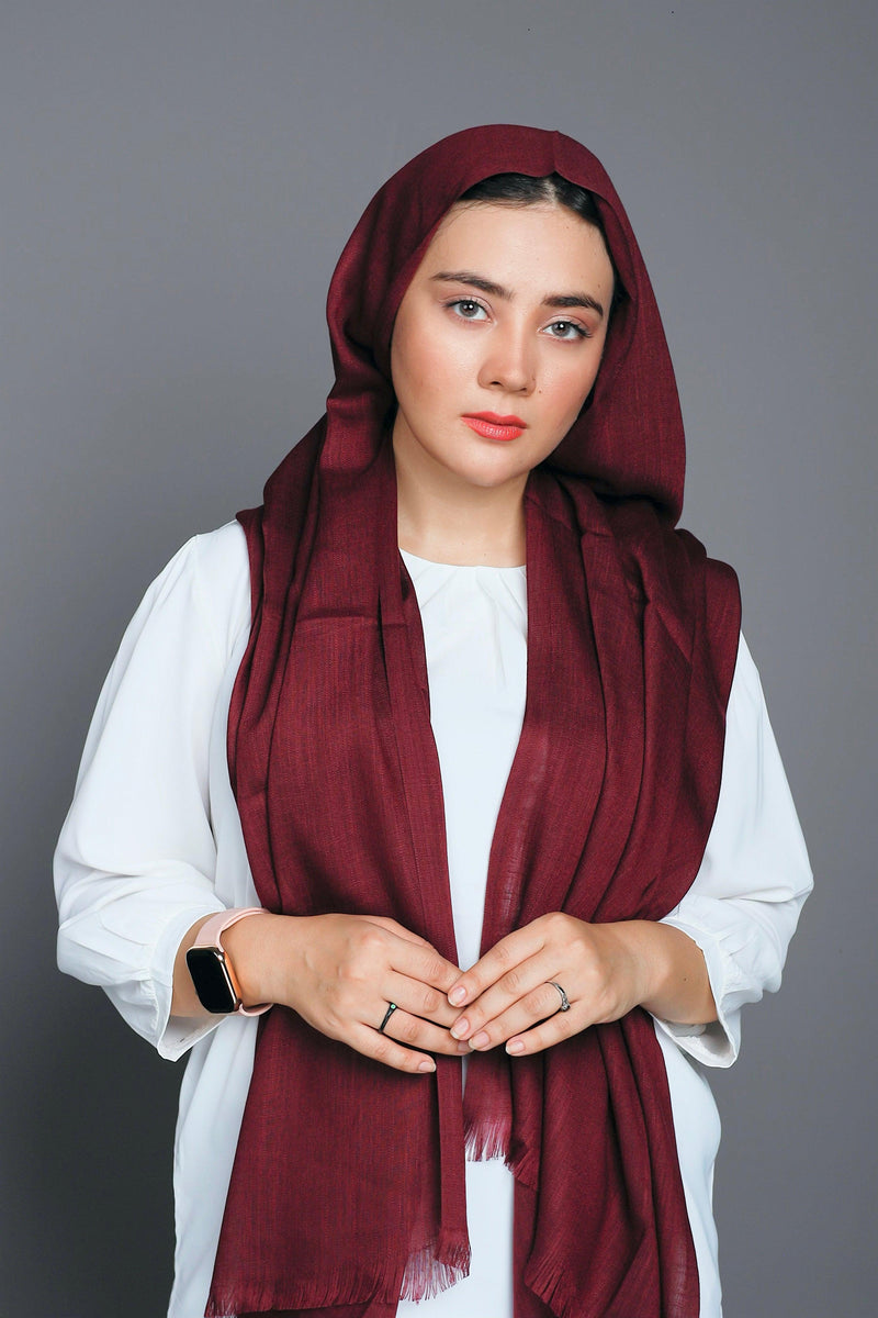 Front full view of Turkish Viscose Hijab in Burgundy – elegant deep red viscose hijab for women