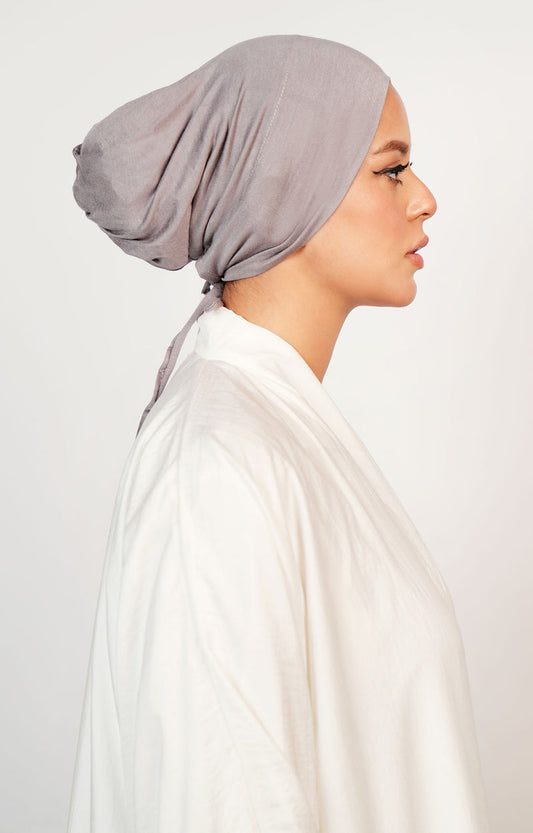 Gray Beryl Hijab Knotted Underscarf Side View – Comfortable Non-Slip Inner Cap for Women