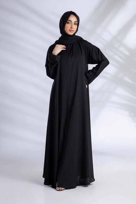Abaya With Zipper Front In Black