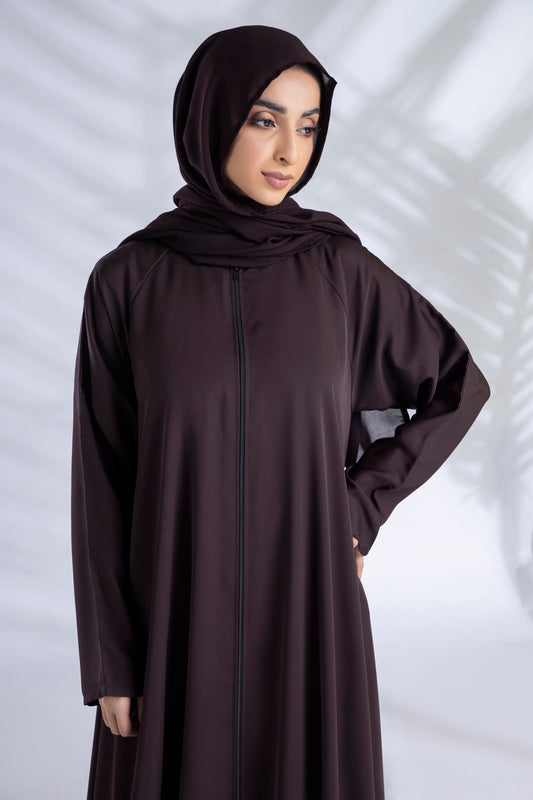 Open Button Abaya With Elastic Sleeves In Dark Brown