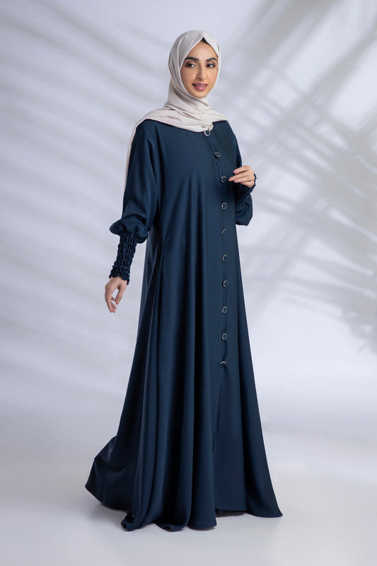 Open Abaya With Buttons Turkish Style Elastic Sleeves