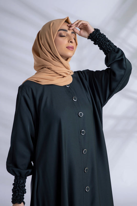Abaya Open Front With Buttons With Elactic Sleeves