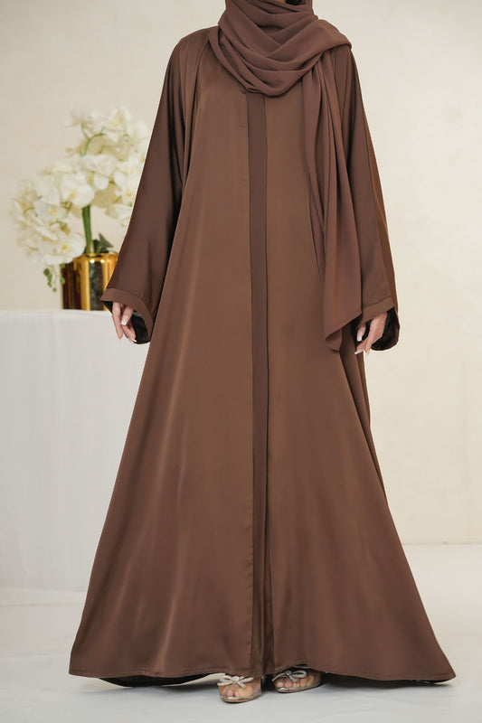 Imported TikTok Crinkle Nida Fabric Abaya for women in brown color front full view showing elegant drape and modest fit