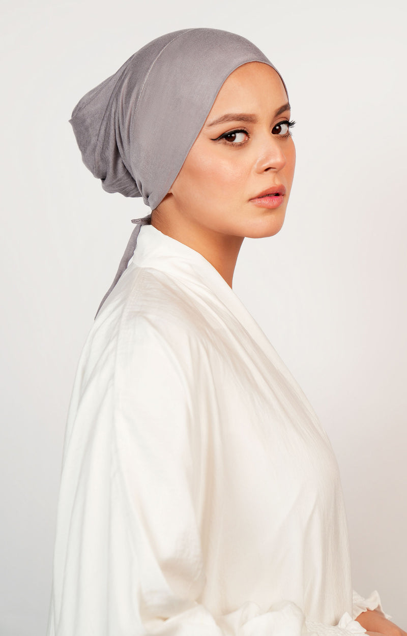 Premium Gray Beryl Knotted Underscarf Side View – Breathable Hijab Inner Cap for Modest Fashion