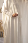 Front close-up of premium nida fabric white kaftan highlighting smooth texture and wrinkle-resistant finish
