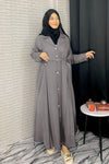 Front full view of Turkish-style gray multi-color abaya with elegant draping, premium soft fabric, and full modest coverage for daily and formal wear.