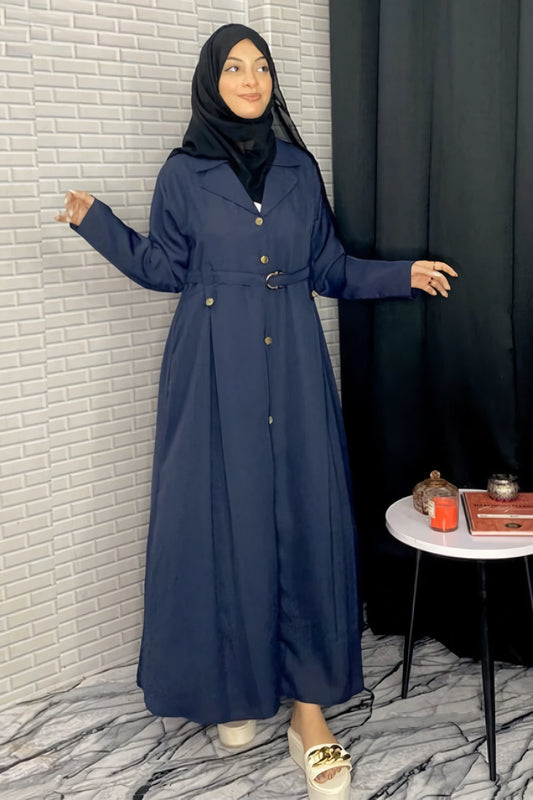 Front full view of Turkish-style navy multi-color abaya showing elegant draping, premium lightweight fabric, and modest full-length coverage.