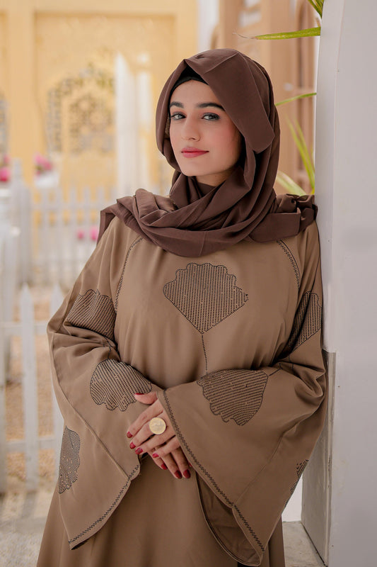 Shop Now Flower Style Nug Abaya In Light Brown Color