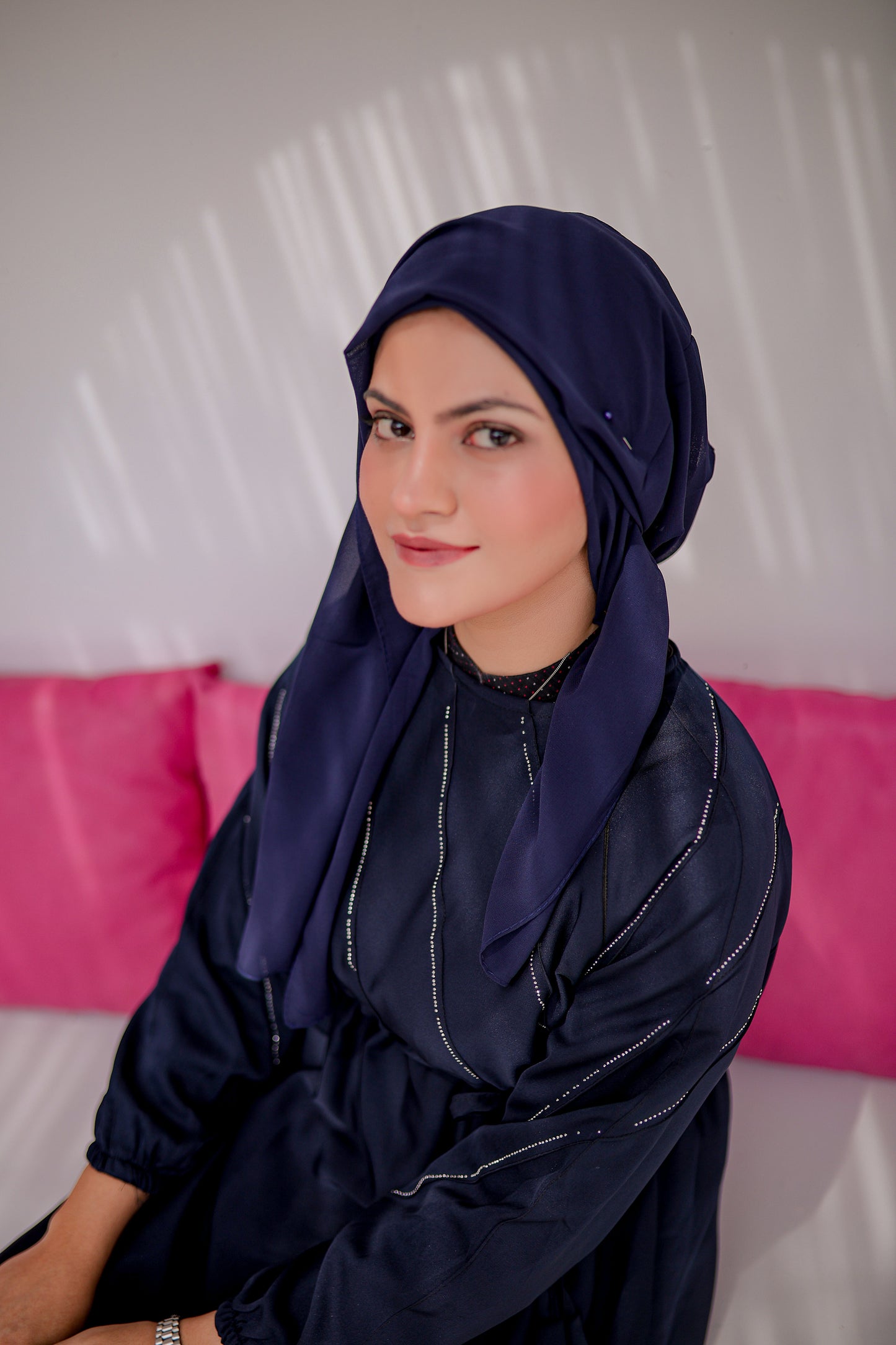 Half Pintex Abaya in Navy Blue