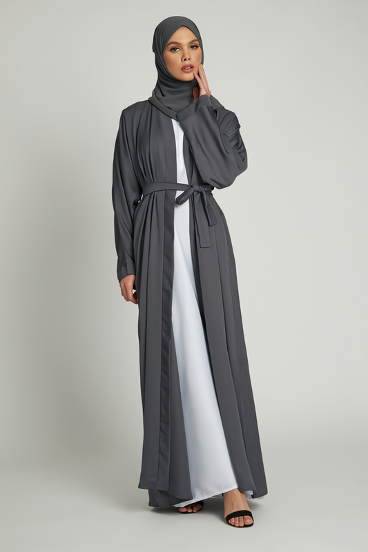 Buy Grey Kimono Abaya With White Inner Slip Dress – Grey