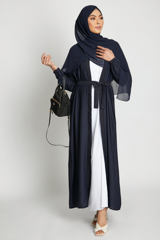 Buy Open Abaya Kimono Elasticated Cuffs With White Inner Slip – Deep Navy