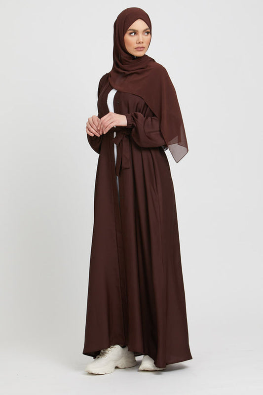 Buy Brown Kimono Abaya Elasticated Cuffs With White Inner Slip