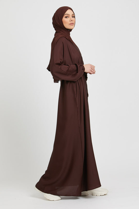 Buy Brown Kimono Abaya Elasticated Cuffs With White Inner Slip