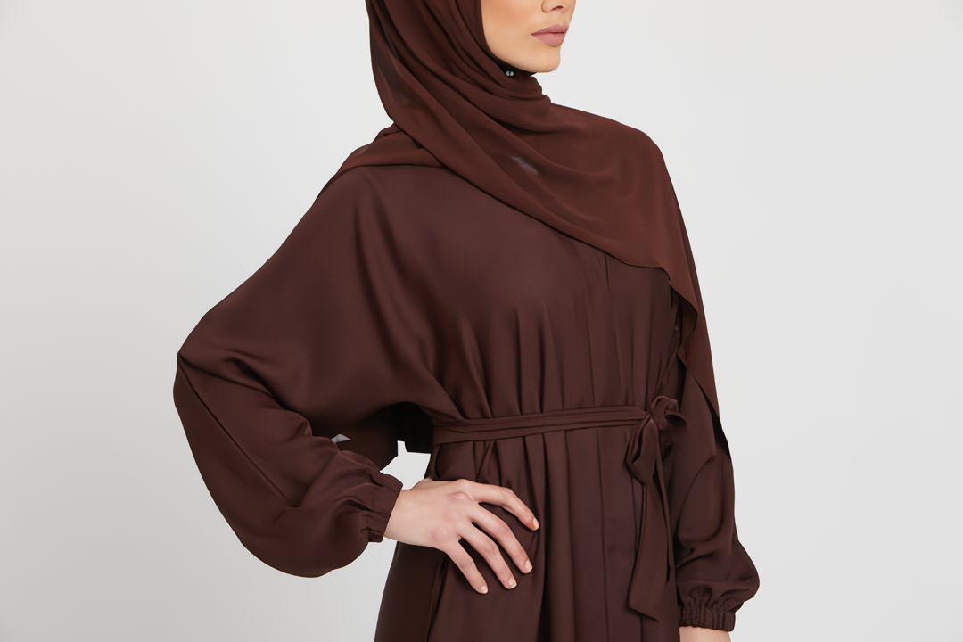 Buy Brown Kimono Abaya Elasticated Cuffs With White Inner Slip