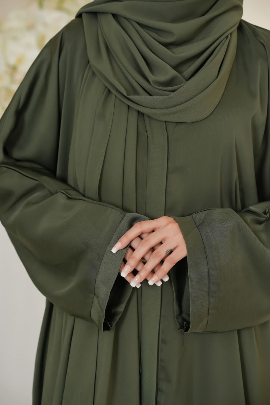 Front zoom view of Imported TikTok Crinkle Nida Fabric Abaya highlighting soft texture and elegant crinkle finish