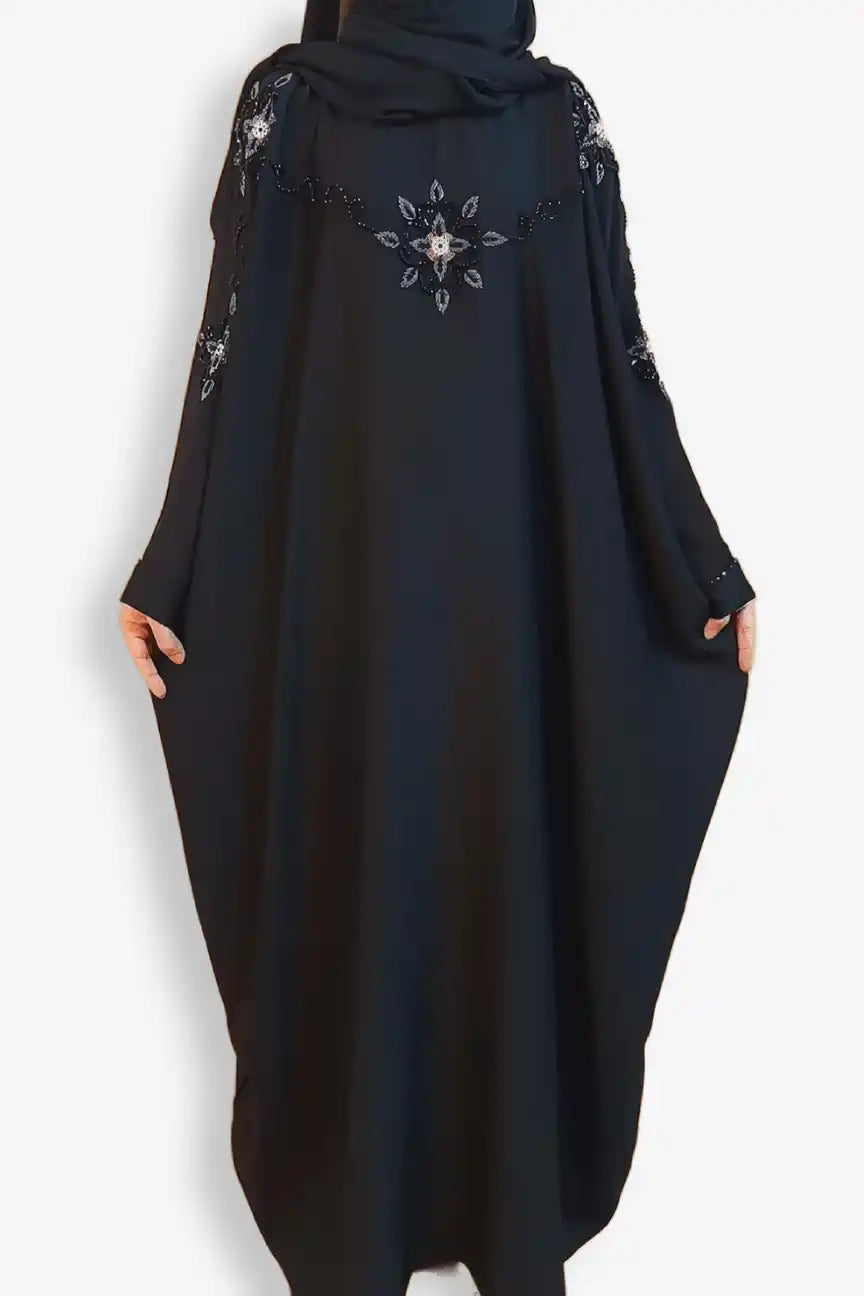 Elegant front view of baggy style abaya with hand work design, stylish modest abaya for women, online shopping Pakistan