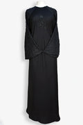 Elegant black abaya featuring pearl sleeves with 800 moti work, full front view, stylish modest abaya for women in Pakistan