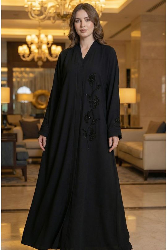 black masha crepe abaya front view with crystal work dubai abaya pakistan for women