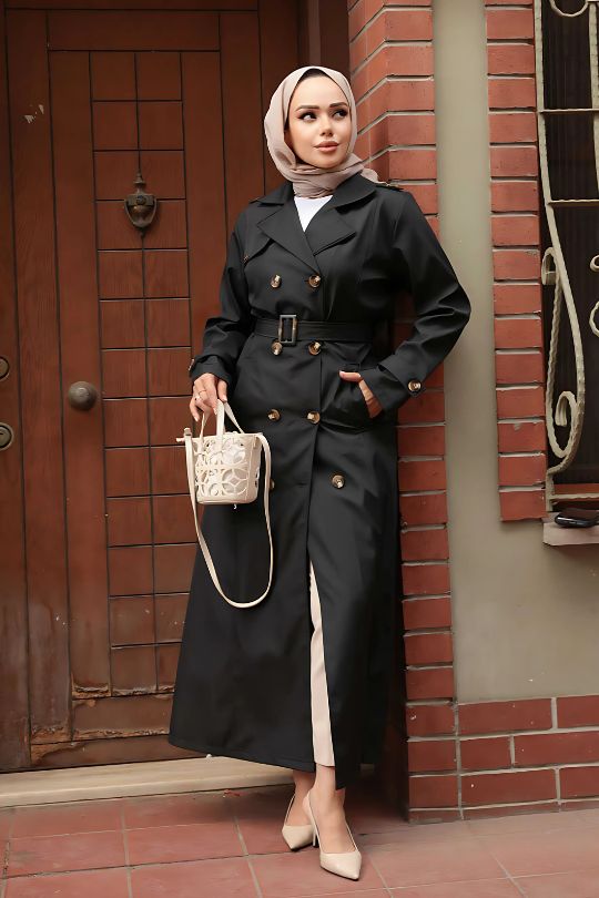 Back view of Black Trench Coat Abaya highlighting trench-style elegance