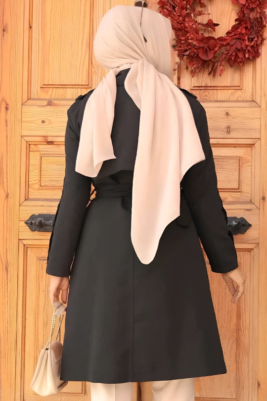 Back side angle of Black Trench Short Coat Abaya showing modest trench coat style for