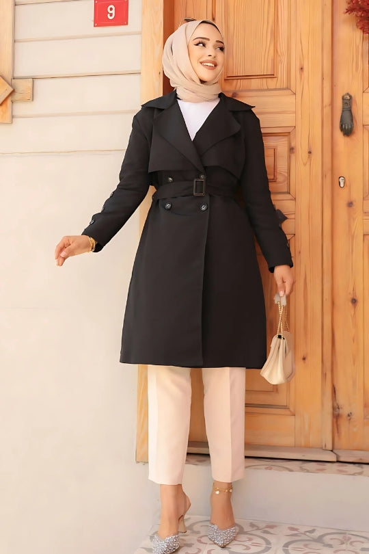 Close-up of Black Trench Short Coat Abaya showing premium fabric and belted trench design