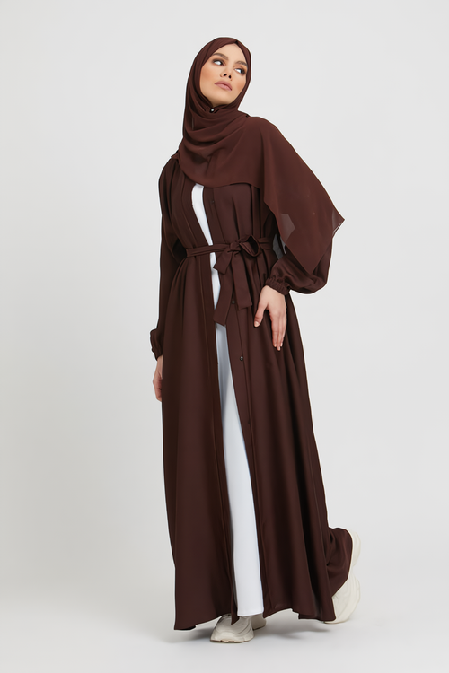 Full front view of brown kimono abaya with white inner slip dress and elasticated cuffs, elegant modest abaya for women in Pakistan