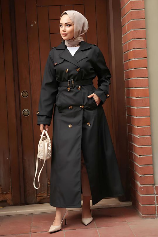 Elegant Black Trench Coat Abaya front view for women in modest fashion