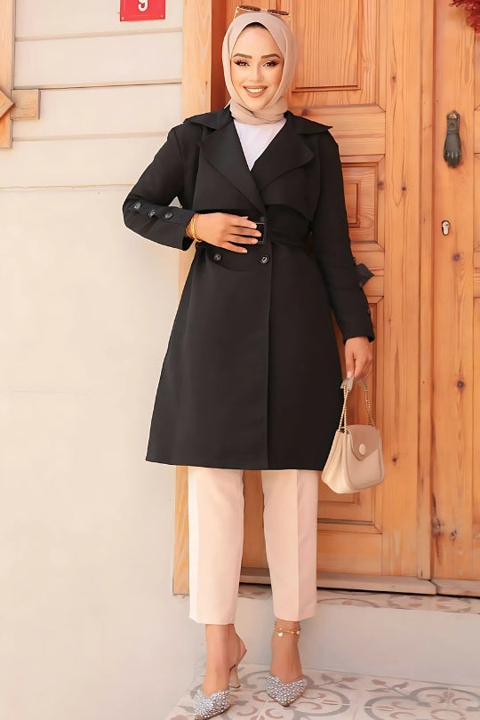 Front view of Black Trench Short Coat Abaya for women in modest fashion style