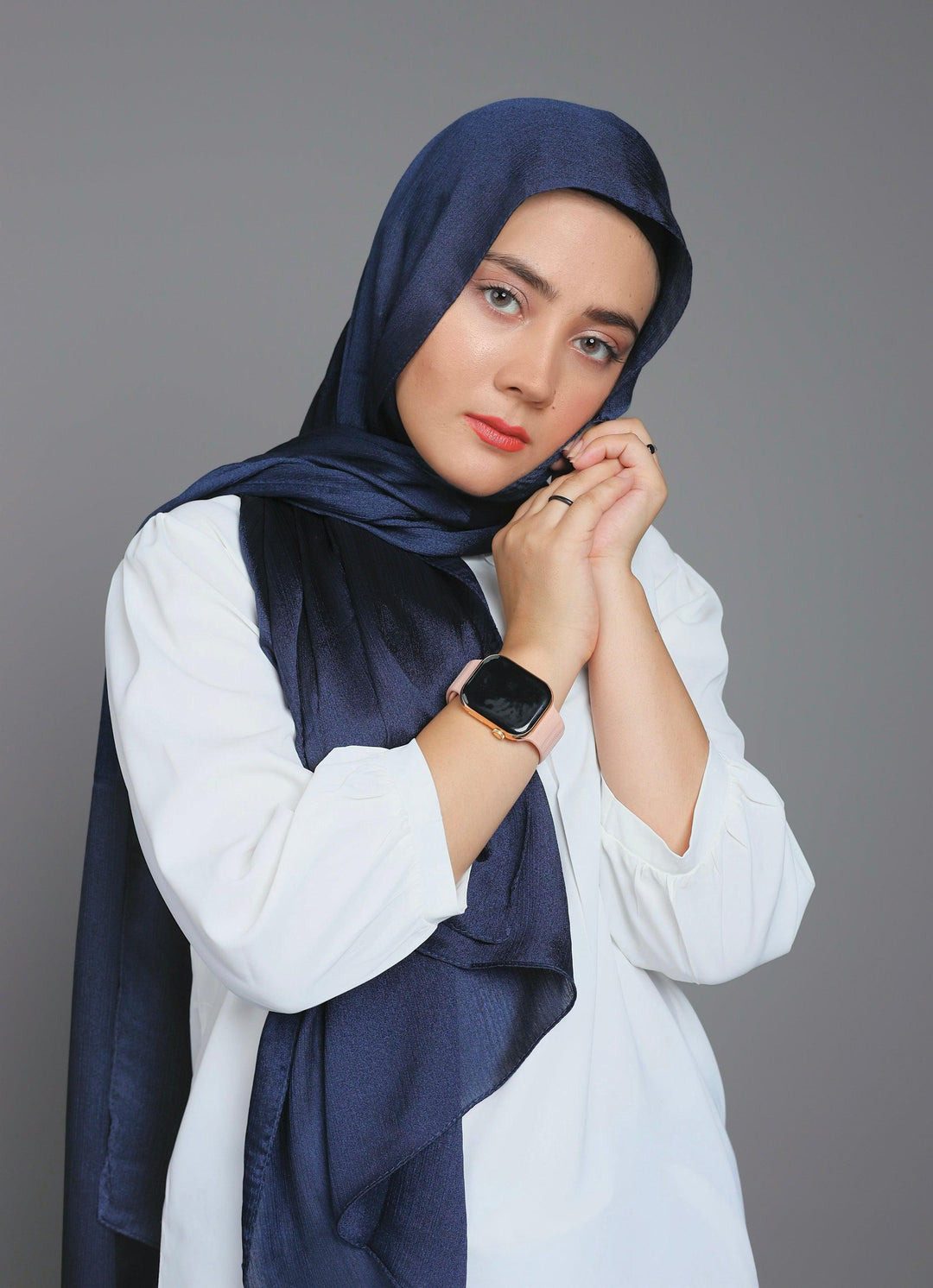 Front full view of Blue Moon Metallic Chiffon Hijab – elegant shimmer hijab for women