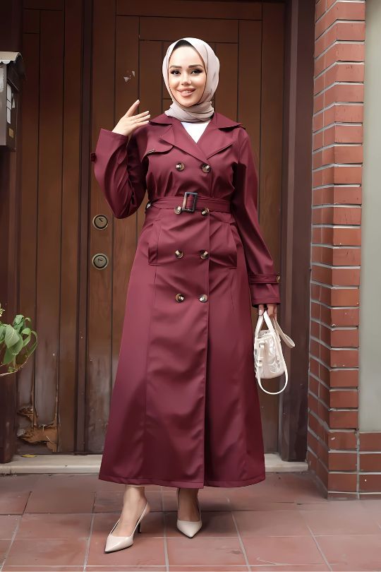 Full front view of claret red trench coat abaya – elegant modest wear for women