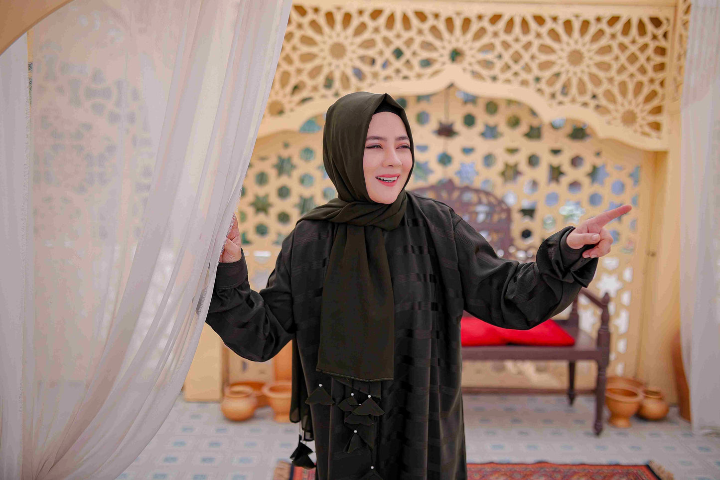 Front style view of Full Zip Abaya in dark green color