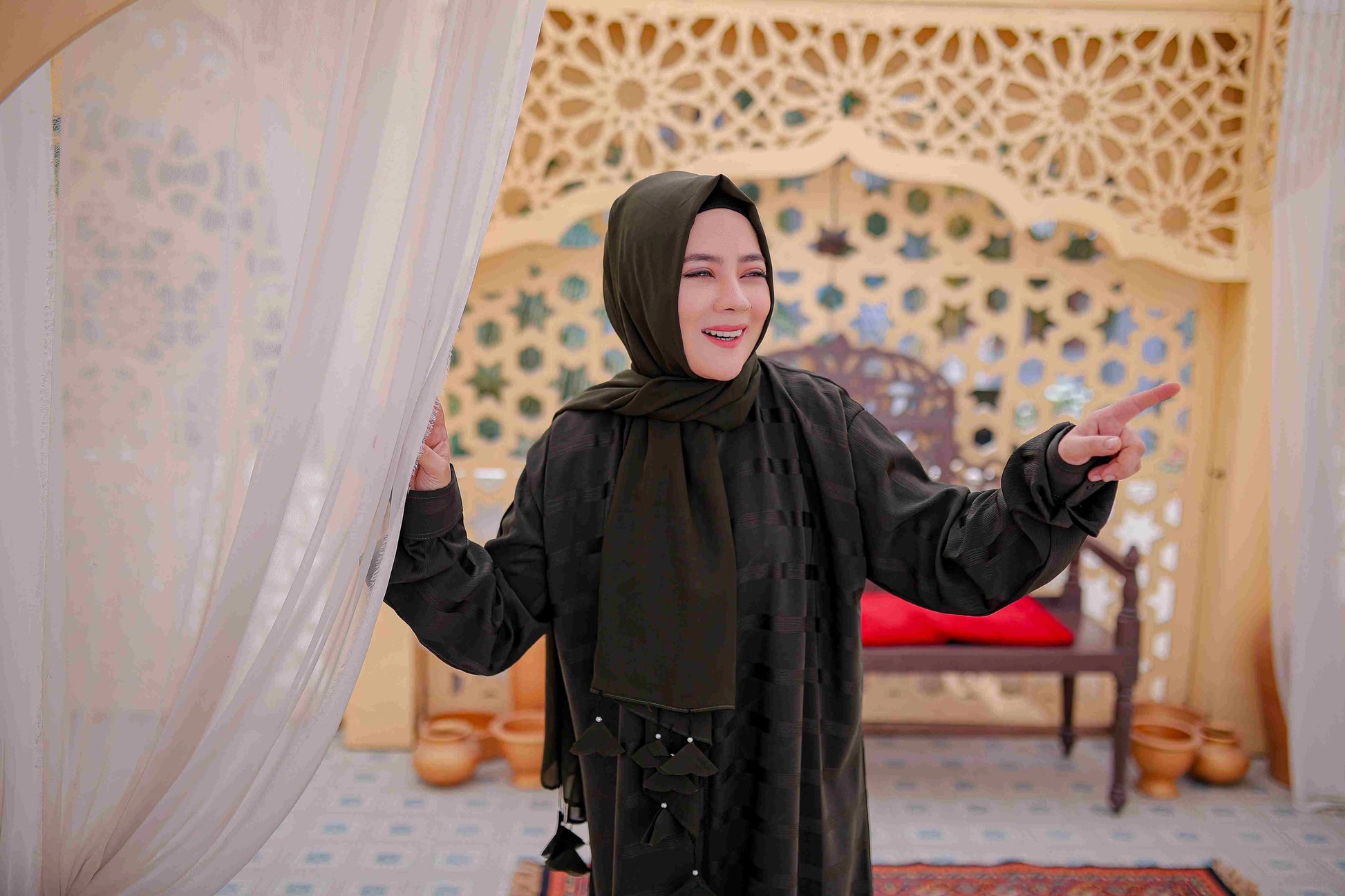 Front style view of Full Zip Abaya in dark green color