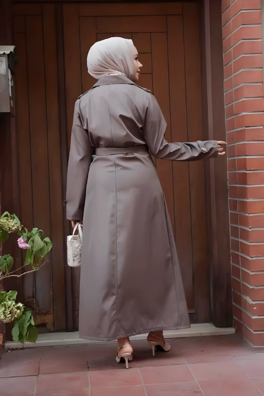 Back view of Dark Mink Abaya Trench Coat highlighting modest and elegant design