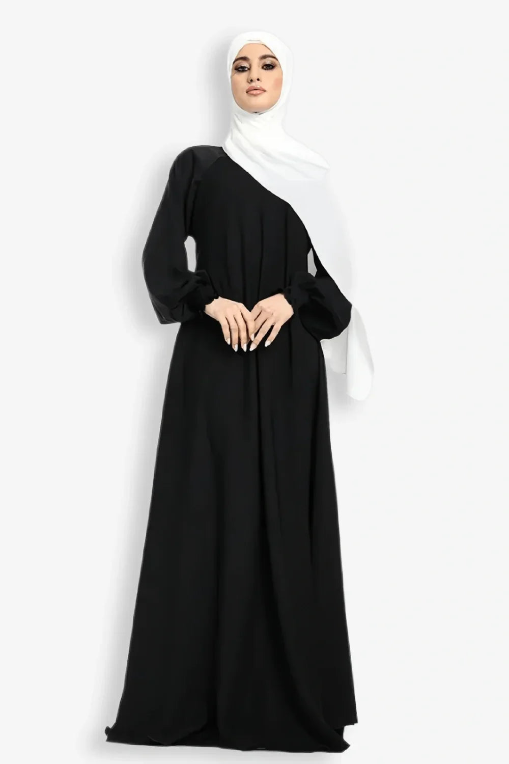 Front view of plain umbrella abaya in black color featuring loose flair and modest style, abaya dress for women in Pakistan