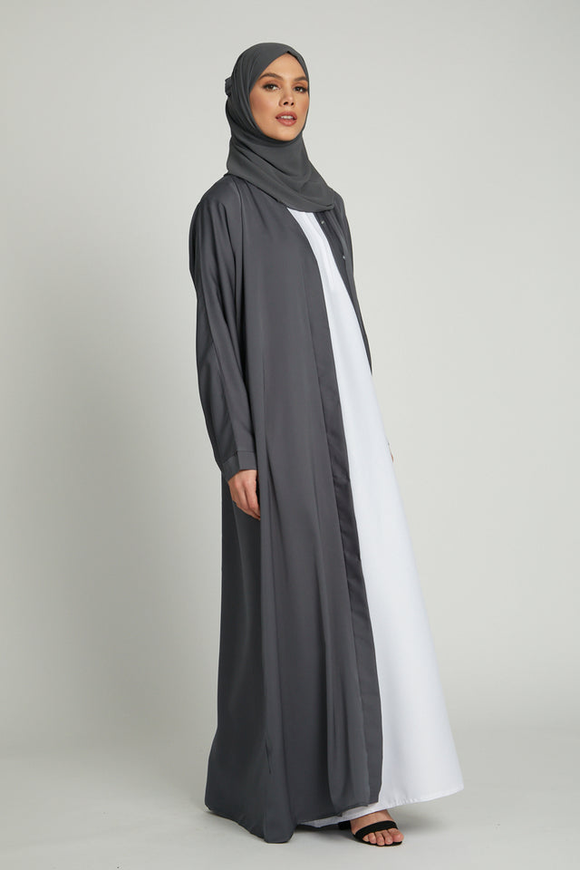 Stylish side full view of grey kimono abaya and inner slip dress, modest abaya outfit for women in Pakistan