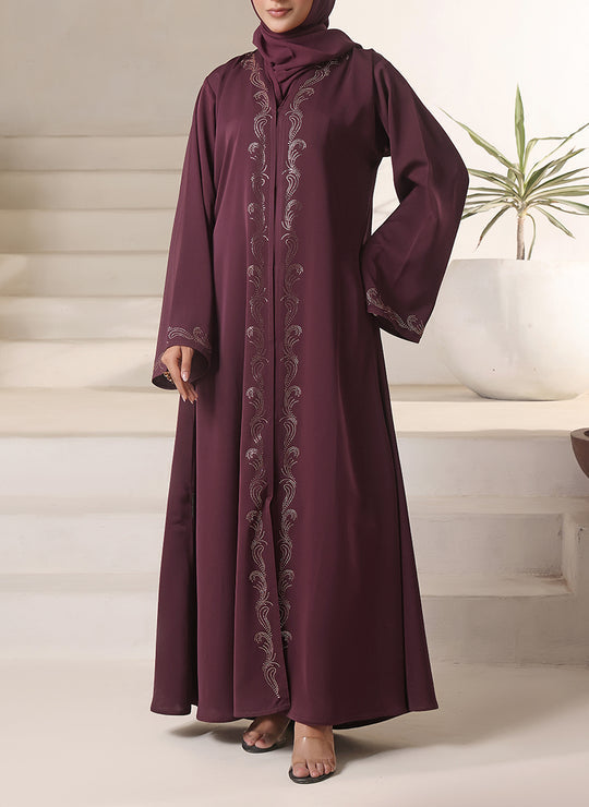 Elegant front view of women abaya featuring stone embellishment crafted from imported Nida fabric, modest fashion Pakistan