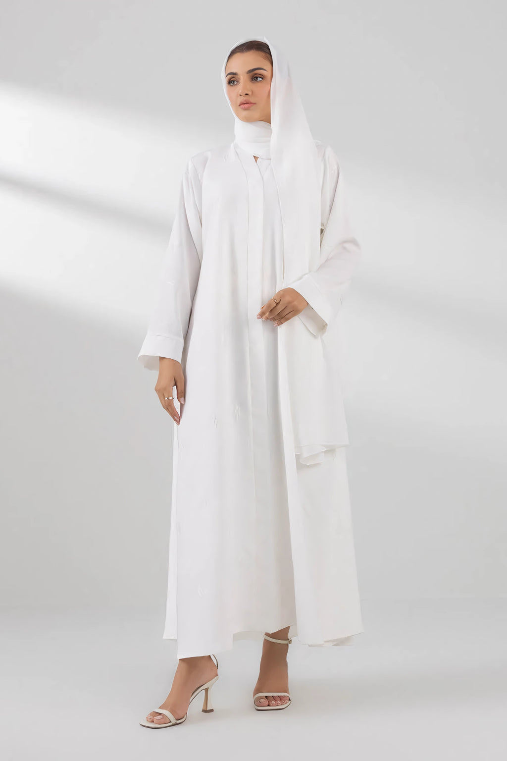 Front style view of plain white abaya with open design – modest outfit for women
