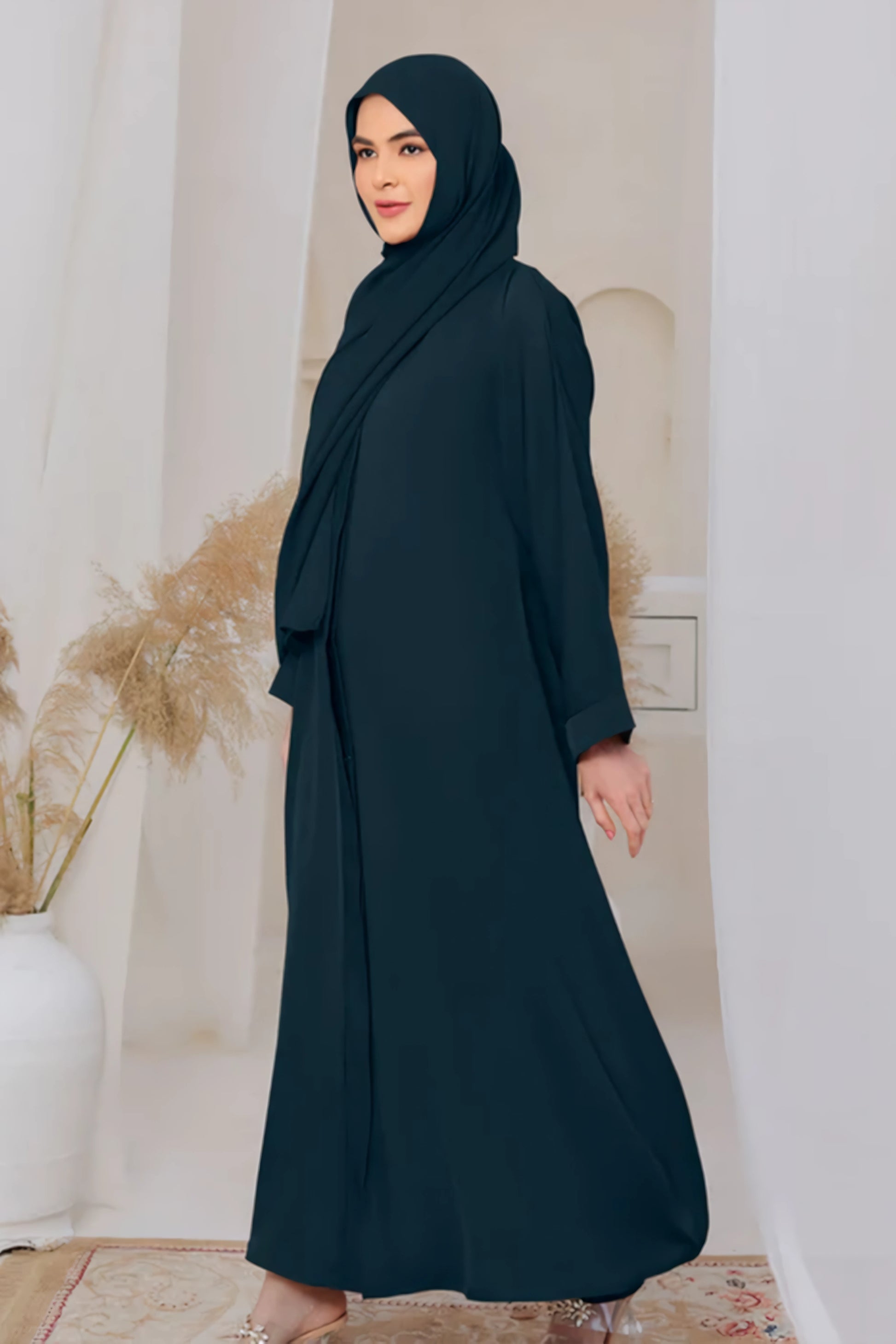Full front view of Forest Green Front Open Abaya showcasing relaxed fit and elegant drape, paired with matching hijab – Abaya for Women