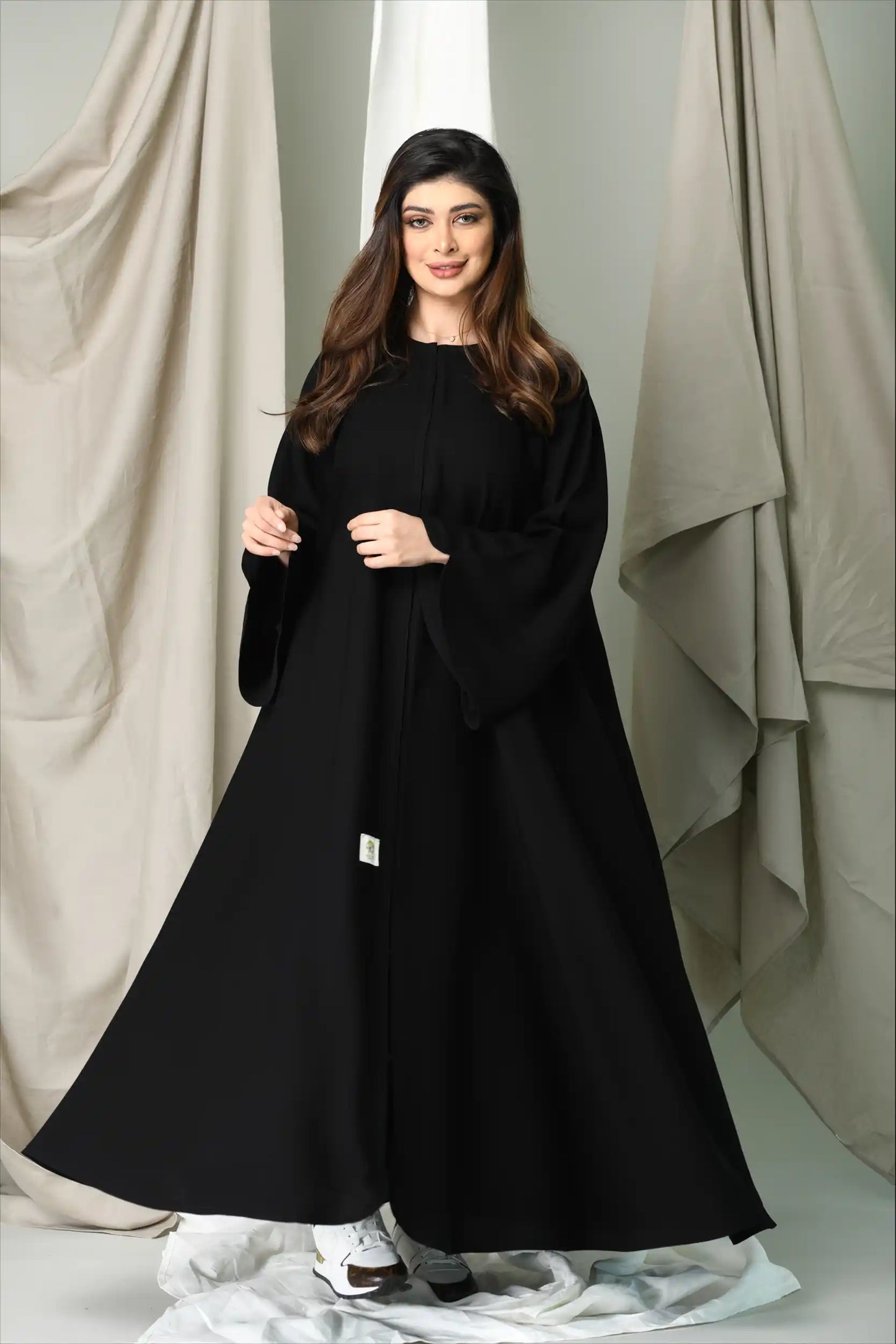 Full-length front view of Premium Closh Cut Practical Abaya with optional full layer, perfect for modest fashion.