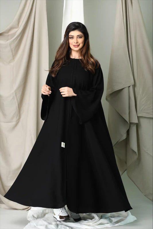 Full-length front view of Premium Closh Cut Practical Abaya with optional full layer, perfect for modest fashion.