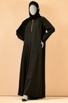 Front full view of a premium abaya featuring a gold zipper design, modest front-open style, and elegant modern look.
